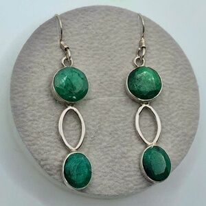 STERLING & Emerald Infinity Twist Design Hook Earring 2” / Vintage
